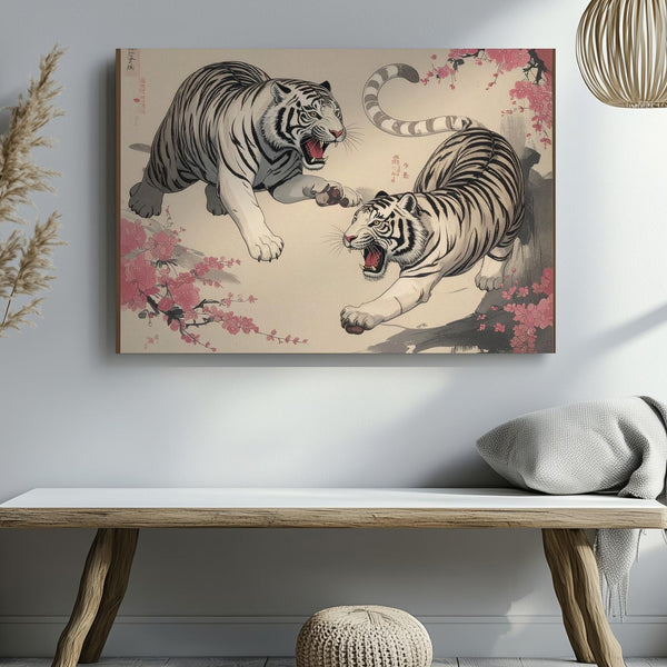 Twin White Tigers Canvas – Japanese-Inspired Dynamic Ink Illustration - Gifitto
