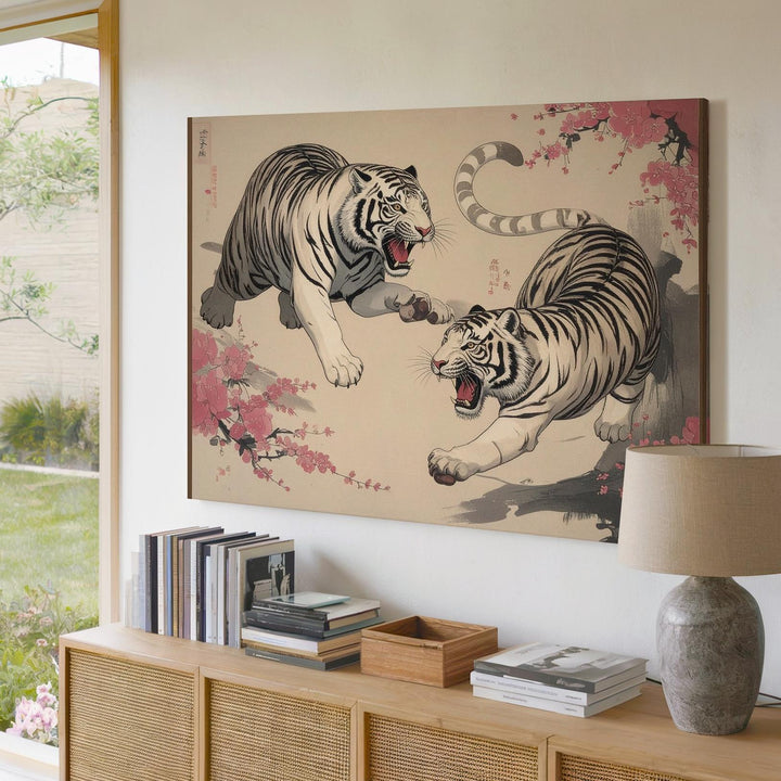 Twin White Tigers Canvas – Japanese-Inspired Dynamic Ink Illustration - Gifitto