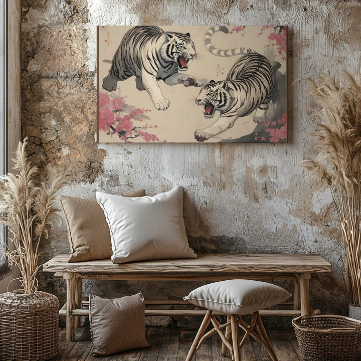 Twin White Tigers Canvas – Japanese-Inspired Dynamic Ink Illustration - Gifitto