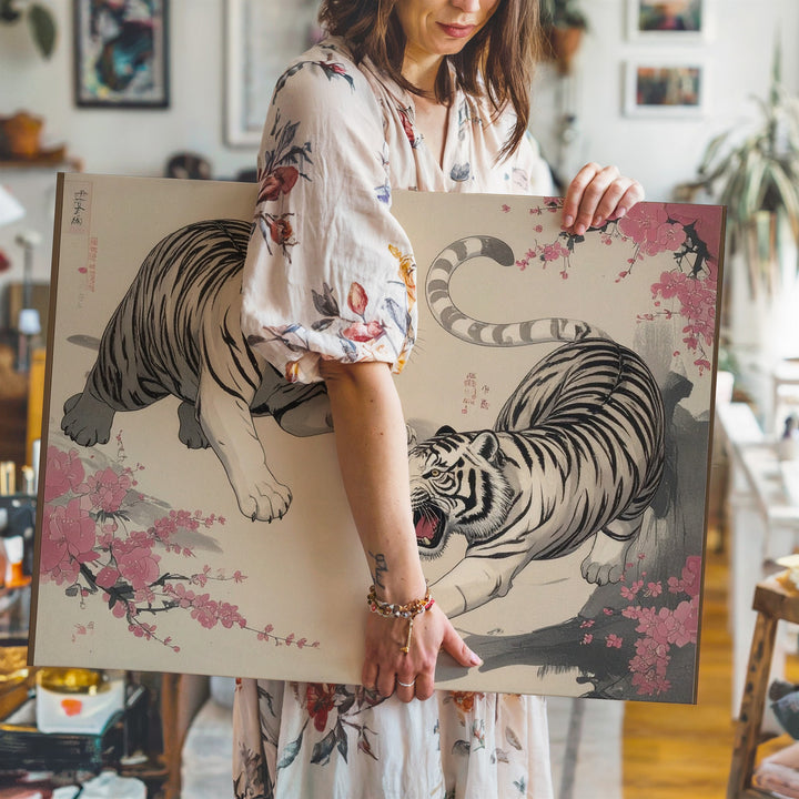 Twin White Tigers Canvas – Japanese-Inspired Dynamic Ink Illustration - Gifitto