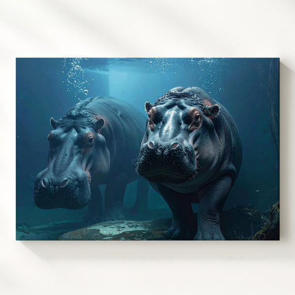 Underwater Hippo Portrait Canvas – Surreal Animal Art in Deep Blue