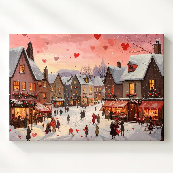Romantic Winter Village Canvas – Cozy Love-Themed Holiday Scene - Gifitto