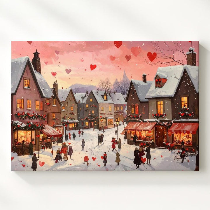 Romantic Winter Village Canvas – Cozy Love-Themed Holiday Scene - Gifitto