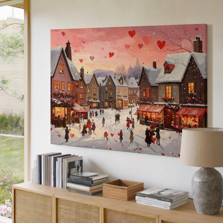 Romantic Winter Village Canvas – Cozy Love-Themed Holiday Scene - Gifitto