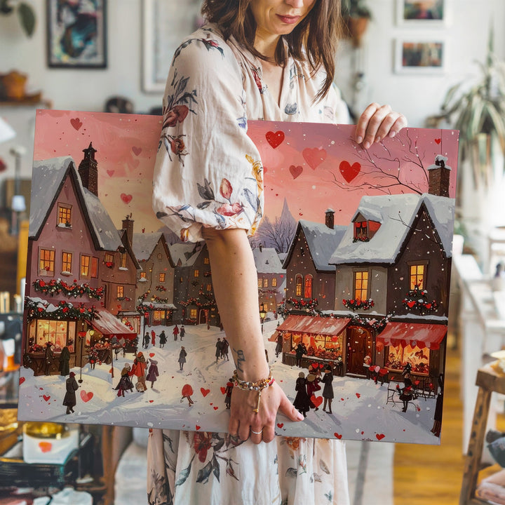 Romantic Winter Village Canvas – Cozy Love-Themed Holiday Scene - Gifitto