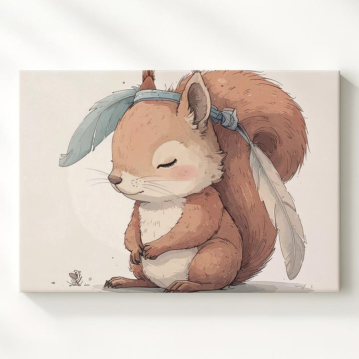 Shy Red Squirrel with Feathered Headband Canvas – Woodland Nursery Art - Gifitto