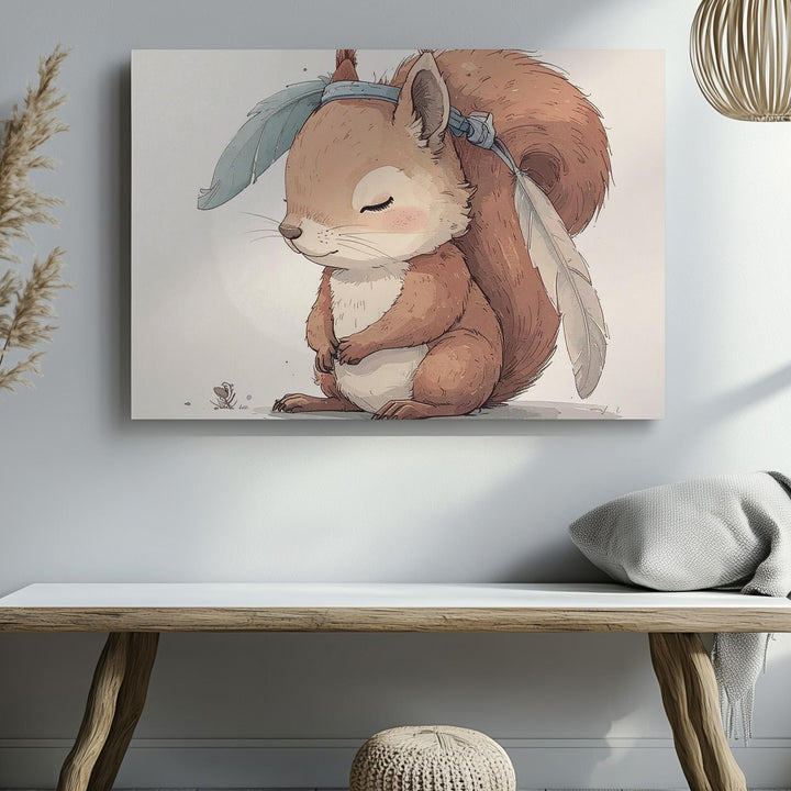 Shy Red Squirrel with Feathered Headband Canvas – Woodland Nursery Art - Gifitto