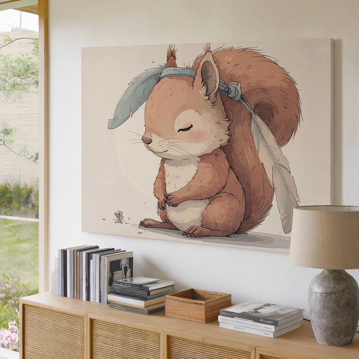 Shy Red Squirrel with Feathered Headband Canvas – Woodland Nursery Art - Gifitto