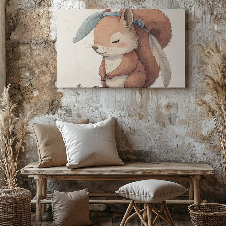 Shy Red Squirrel with Feathered Headband Canvas – Woodland Nursery Art - Gifitto