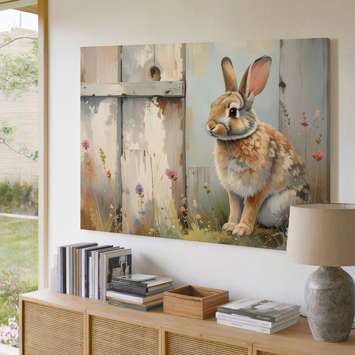 Pastoral Rabbit & Flower Canvas – Serene Nature Wall Art - Gifitto