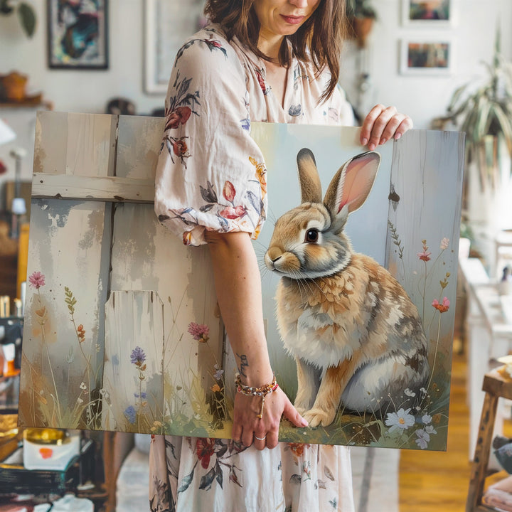 Pastoral Rabbit & Flower Canvas – Serene Nature Wall Art - Gifitto
