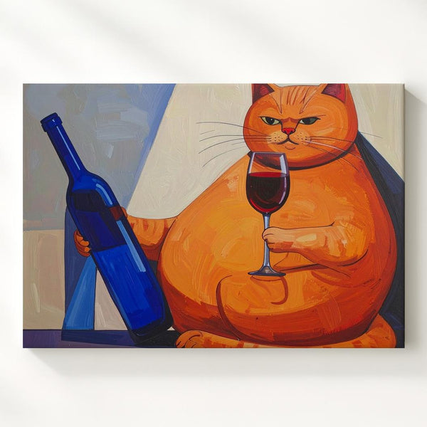 Wine Cat Canvas – Whimsical Orange Cat with Wine Bottle & Glass Wall Art - Gifitto