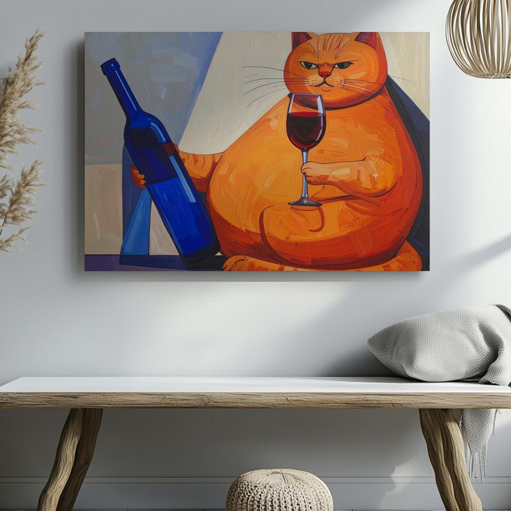 Wine Cat Canvas – Whimsical Orange Cat with Wine Bottle & Glass Wall Art - Gifitto