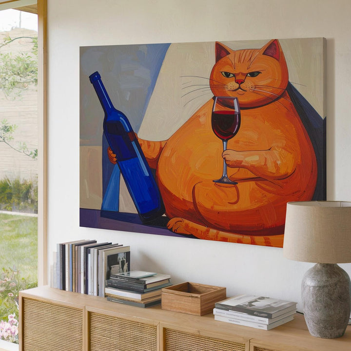 Wine Cat Canvas – Whimsical Orange Cat with Wine Bottle & Glass Wall Art - Gifitto