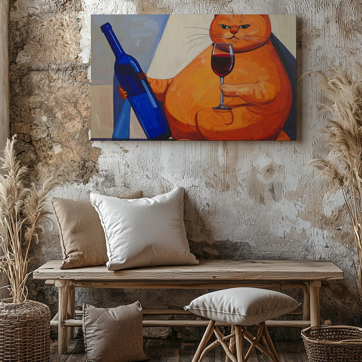 Wine Cat Canvas – Whimsical Orange Cat with Wine Bottle & Glass Wall Art - Gifitto