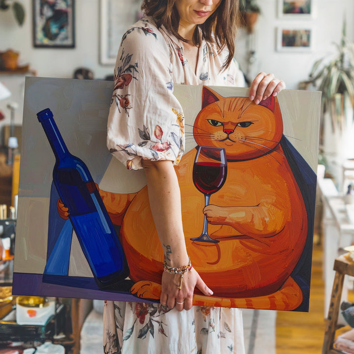 Wine Cat Canvas – Whimsical Orange Cat with Wine Bottle & Glass Wall Art - Gifitto