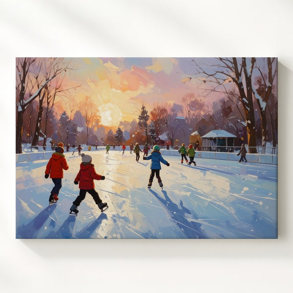 Skating Joy Winter Canvas – Vibrant Ice Rink Scene with Children at Sunset - Gifitto