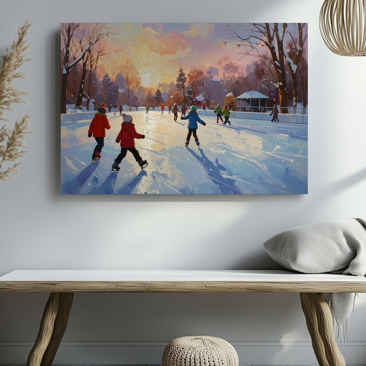 Skating Joy Winter Canvas – Vibrant Ice Rink Scene with Children at Sunset - Gifitto