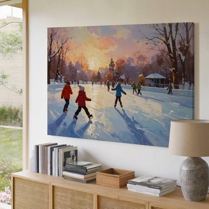 Skating Joy Winter Canvas – Vibrant Ice Rink Scene with Children at Sunset - Gifitto