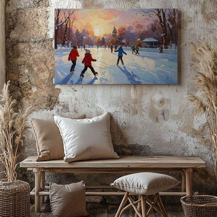 Skating Joy Winter Canvas – Vibrant Ice Rink Scene with Children at Sunset - Gifitto