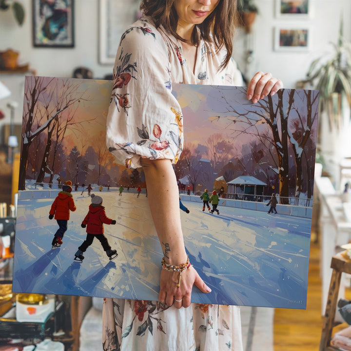Skating Joy Winter Canvas – Vibrant Ice Rink Scene with Children at Sunset - Gifitto