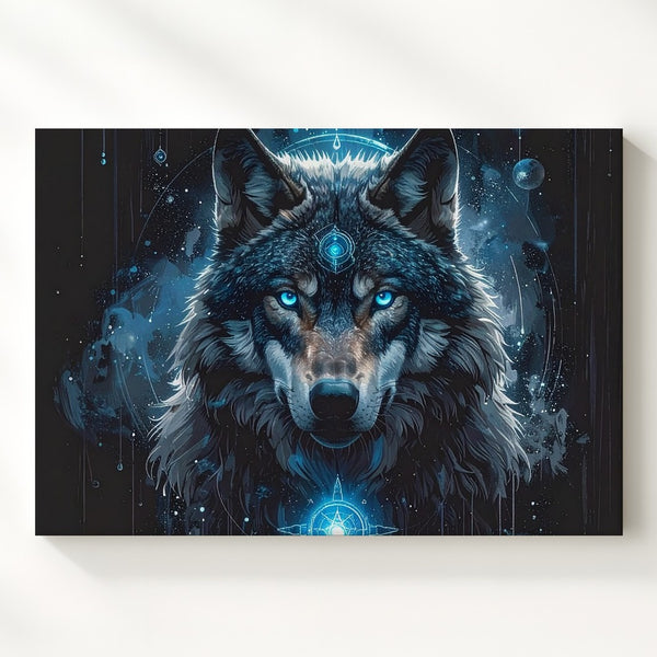 Celestial Wolf Spirit Canvas – Mystical Blue-Eyed Cosmic Animal Art - Gifitto