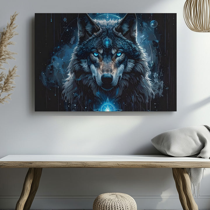 Celestial Wolf Spirit Canvas – Mystical Blue-Eyed Cosmic Animal Art - Gifitto