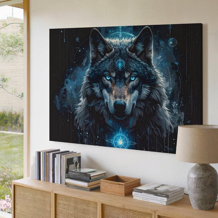 Celestial Wolf Spirit Canvas – Mystical Blue-Eyed Cosmic Animal Art - Gifitto