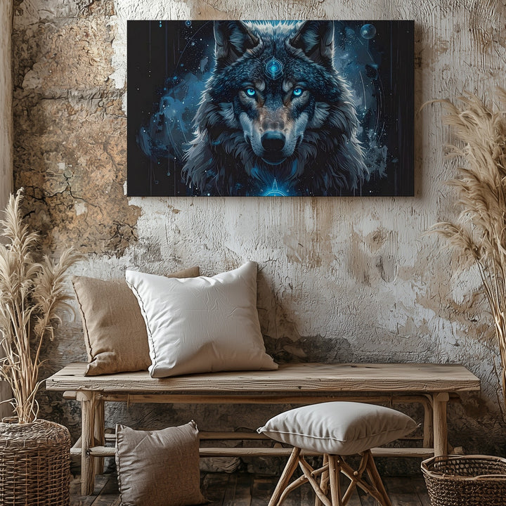 Celestial Wolf Spirit Canvas – Mystical Blue-Eyed Cosmic Animal Art - Gifitto