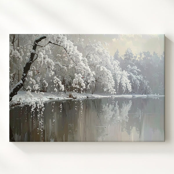 Winter Stillness Reflection Canvas – Minimalist Snowy Lake Photography - Gifitto