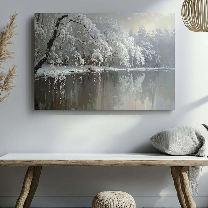 Winter Stillness Reflection Canvas – Minimalist Snowy Lake Photography - Gifitto