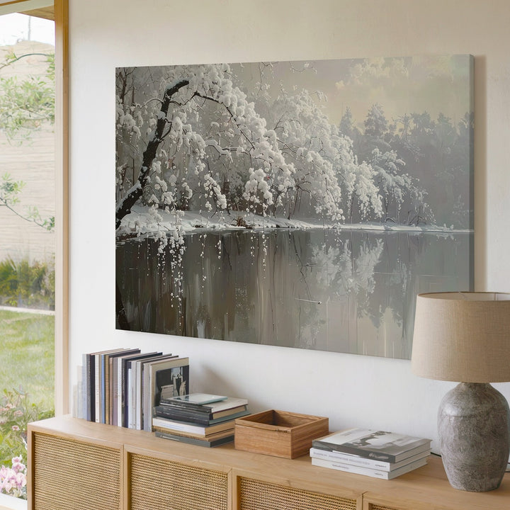 Winter Stillness Reflection Canvas – Minimalist Snowy Lake Photography - Gifitto