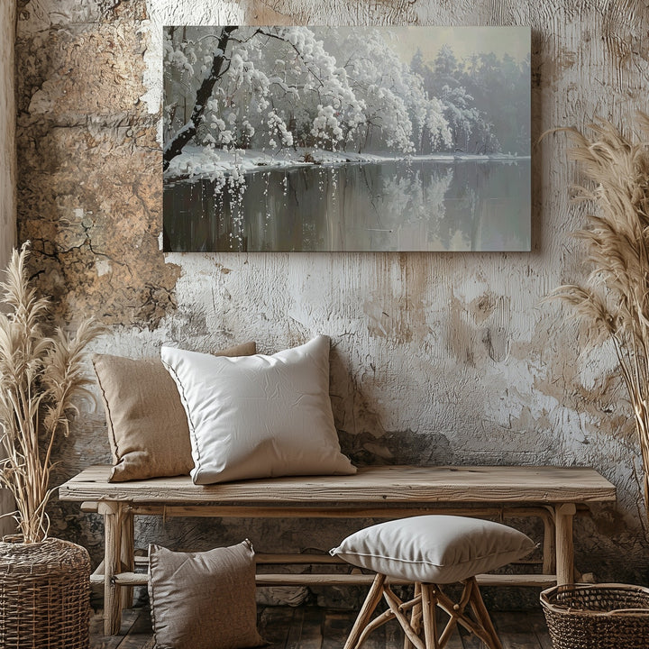 Winter Stillness Reflection Canvas – Minimalist Snowy Lake Photography - Gifitto