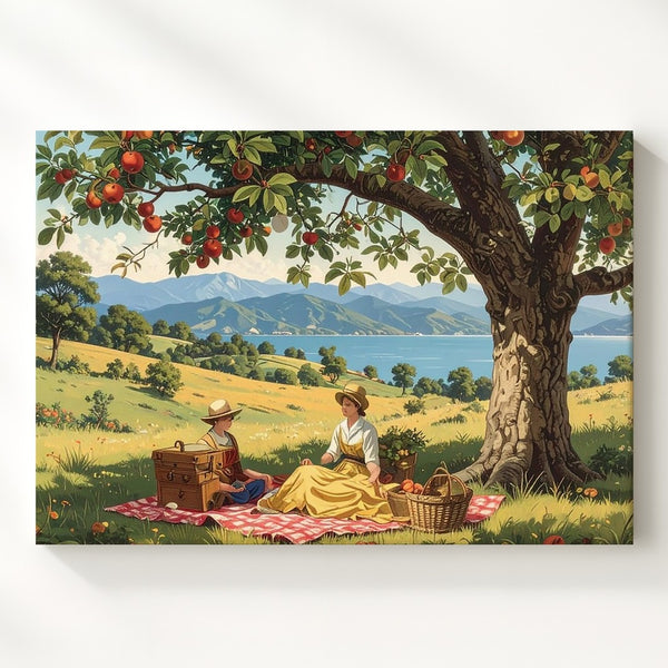 Vintage Apple Tree Picnic Canvas – Pastoral Countryside Storybook Art - Gifitto