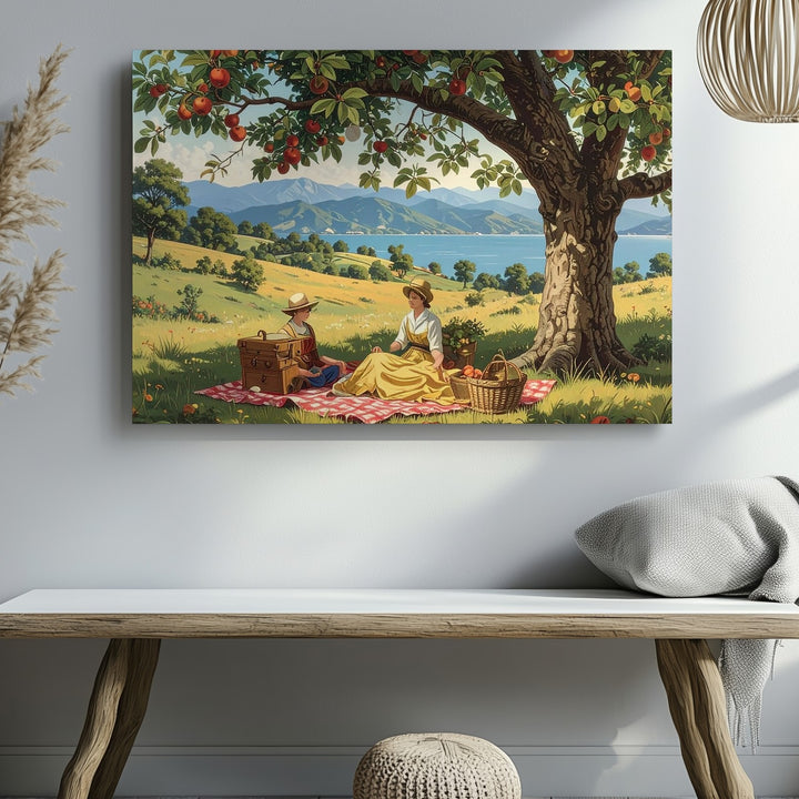 Vintage Apple Tree Picnic Canvas – Pastoral Countryside Storybook Art - Gifitto