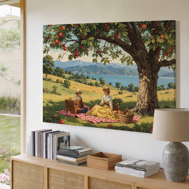 Vintage Apple Tree Picnic Canvas – Pastoral Countryside Storybook Art - Gifitto