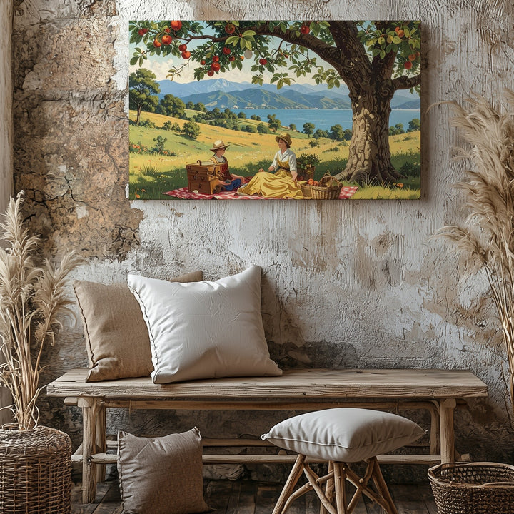 Vintage Apple Tree Picnic Canvas – Pastoral Countryside Storybook Art - Gifitto