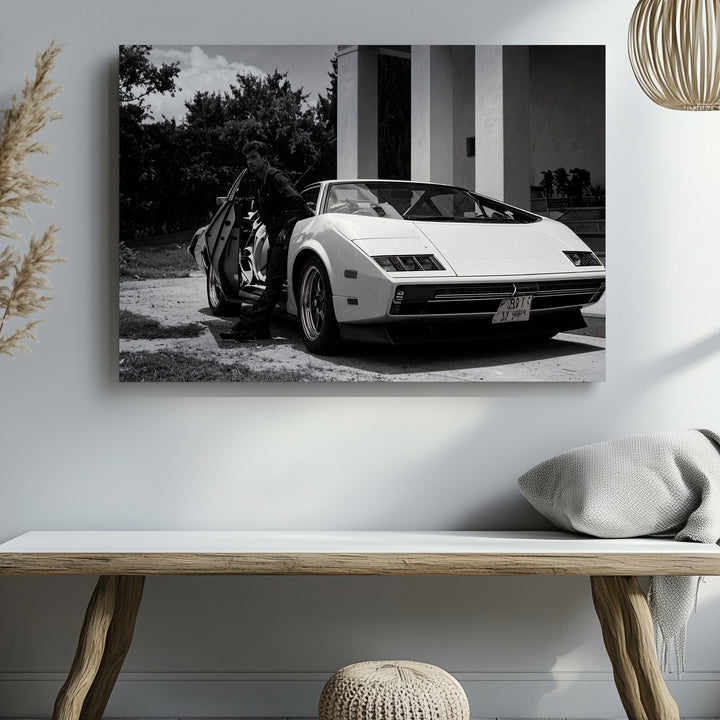 Black & White Lamborghini Countach Canvas – Iconic 80s Supercar with Open Scissor Doors - Gifitto