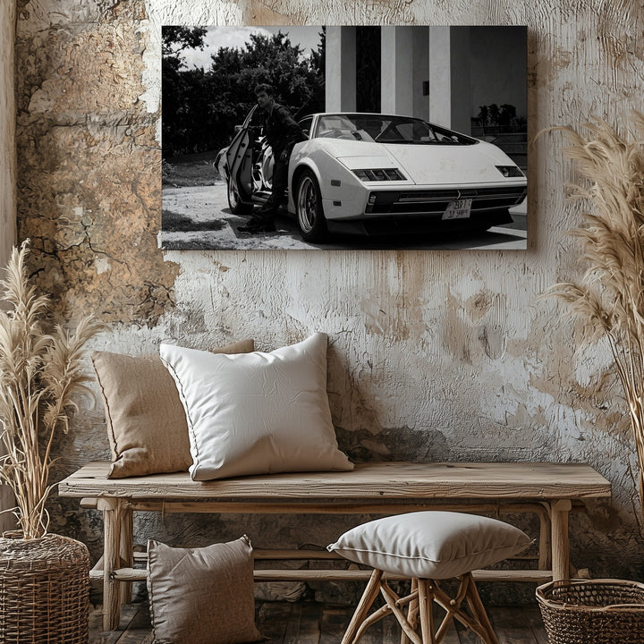 Black & White Lamborghini Countach Canvas – Iconic 80s Supercar with Open Scissor Doors - Gifitto