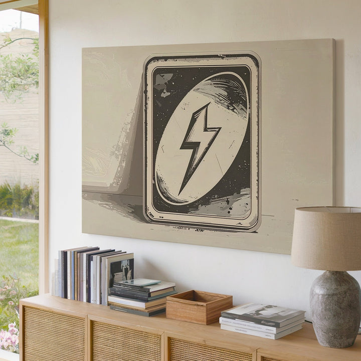 UNO Lightning Bolt Card Canvas – Minimalist Monochrome Game Art - Gifitto