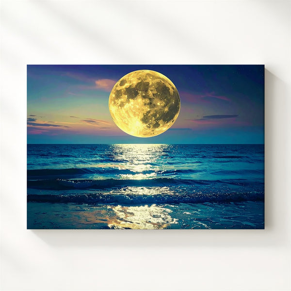 Golden Moonlight Ocean Canvas – Serene Full Moon Over Starlit Sea - Gifitto
