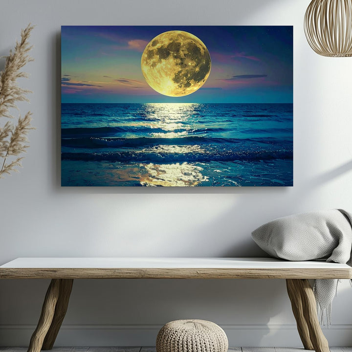 Golden Moonlight Ocean Canvas – Serene Full Moon Over Starlit Sea - Gifitto