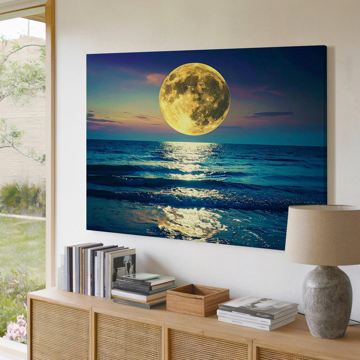 Golden Moonlight Ocean Canvas – Serene Full Moon Over Starlit Sea - Gifitto