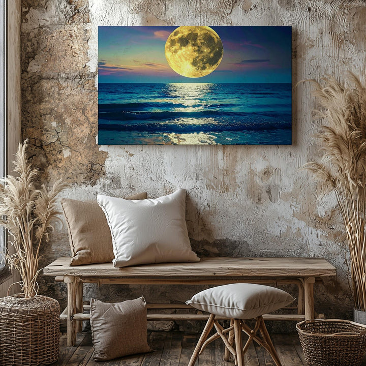 Golden Moonlight Ocean Canvas – Serene Full Moon Over Starlit Sea - Gifitto