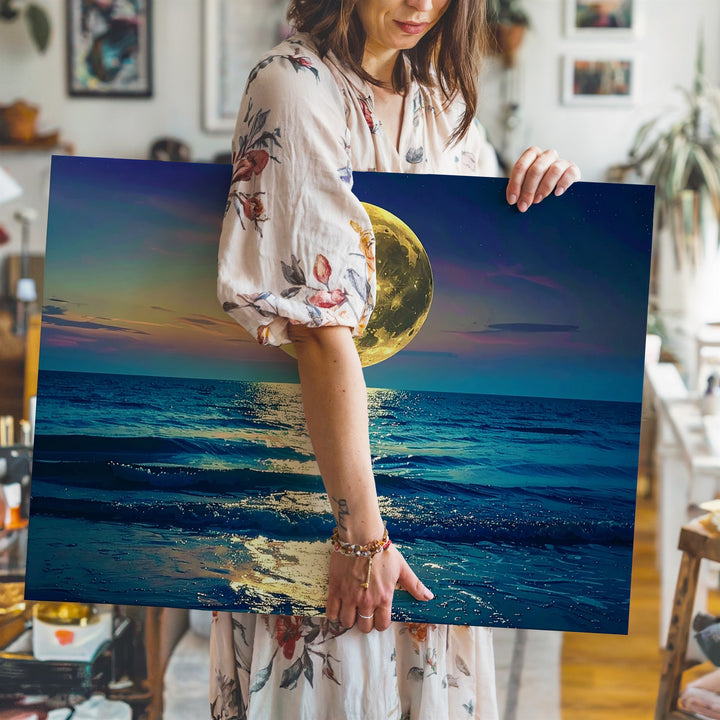 Golden Moonlight Ocean Canvas – Serene Full Moon Over Starlit Sea - Gifitto