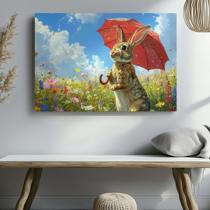 Bunny with Red Umbrella Canvas – Playful Spring Wall Art - Gifitto