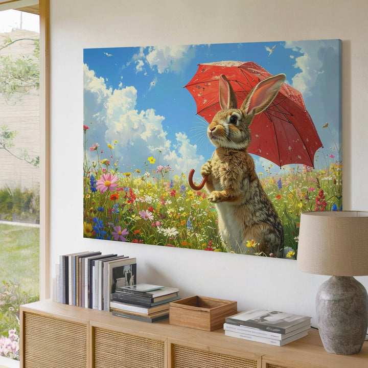 Bunny with Red Umbrella Canvas – Playful Spring Wall Art - Gifitto