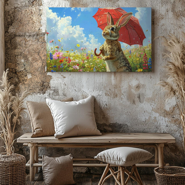 Bunny with Red Umbrella Canvas – Playful Spring Wall Art - Gifitto
