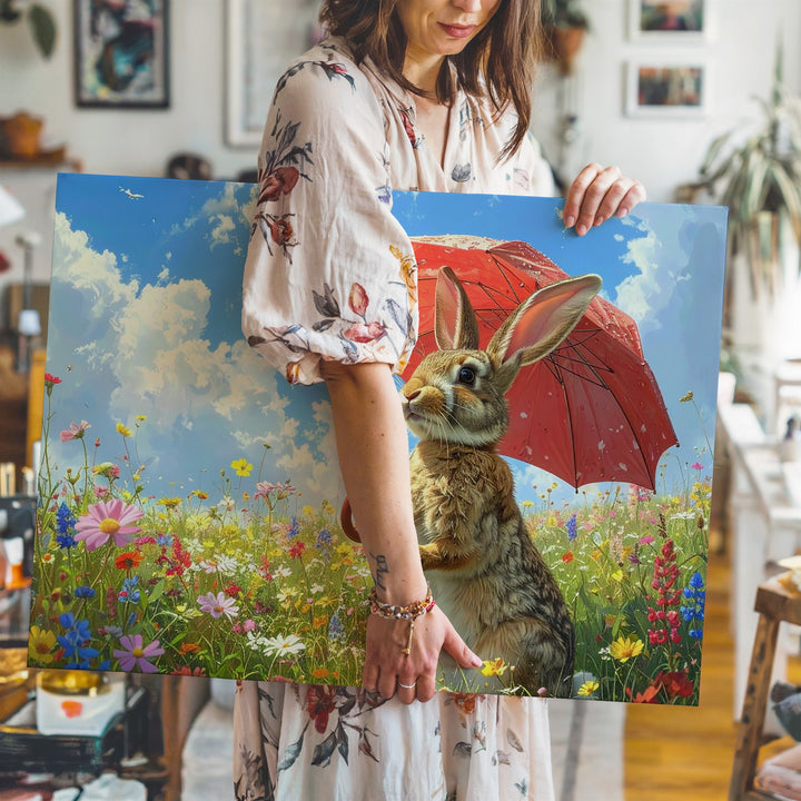 Bunny with Red Umbrella Canvas – Playful Spring Wall Art - Gifitto