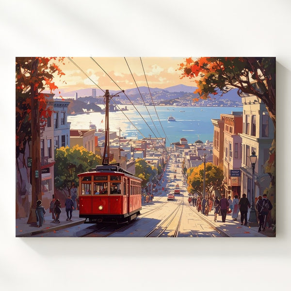 Golden Hour Cable Car Canvas – Sunlit San Francisco Hill Street Wall Art - Gifitto